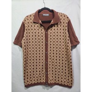 PJ PAUL JONES Mens LG Vintage Brown Diamond Geo Knit Polo‎ Cardigan Grandpacore